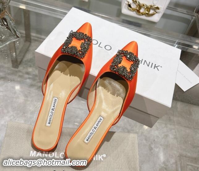 Grade Quality Manolo Blahnik Hangisimu Satin Flat Mules with Strass Buckle Orange 507028