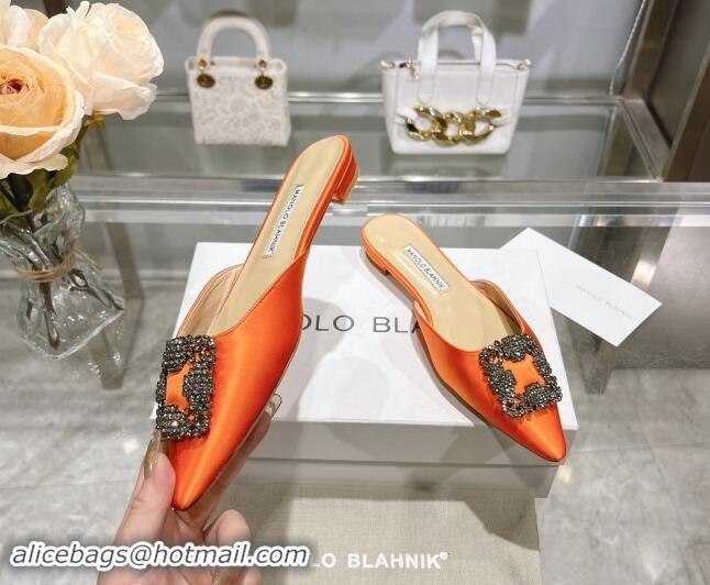 Grade Quality Manolo Blahnik Hangisimu Satin Flat Mules with Strass Buckle Orange 507028