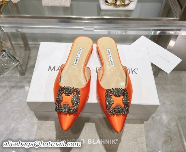 Grade Quality Manolo Blahnik Hangisimu Satin Flat Mules with Strass Buckle Orange 507028