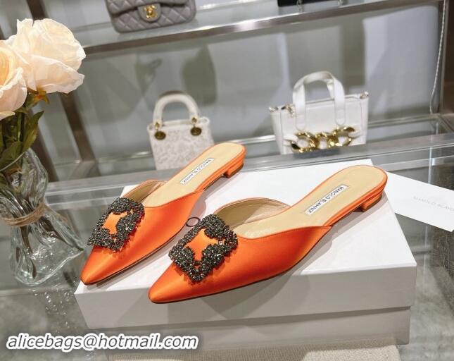 Grade Quality Manolo Blahnik Hangisimu Satin Flat Mules with Strass Buckle Orange 507028