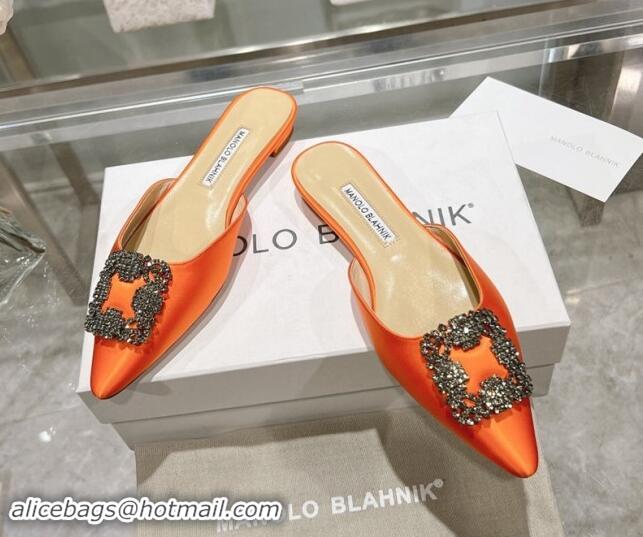 Grade Quality Manolo Blahnik Hangisimu Satin Flat Mules with Strass Buckle Orange 507028