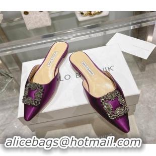 Best Grade Manolo Blahnik Hangisimu Satin Flat Mules with Strass Buckle Purple 507029