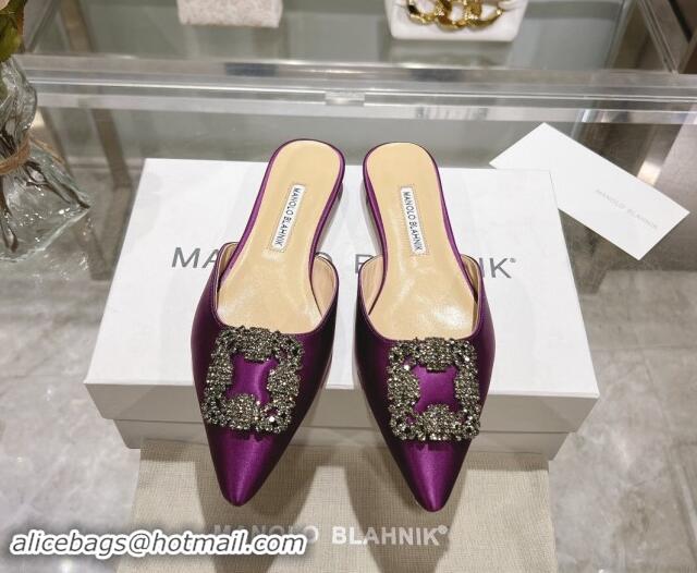 Best Grade Manolo Blahnik Hangisimu Satin Flat Mules with Strass Buckle Purple 507029