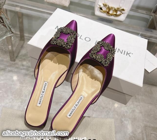 Best Grade Manolo Blahnik Hangisimu Satin Flat Mules with Strass Buckle Purple 507029