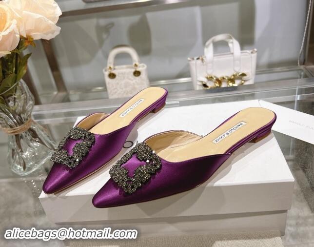 Best Grade Manolo Blahnik Hangisimu Satin Flat Mules with Strass Buckle Purple 507029