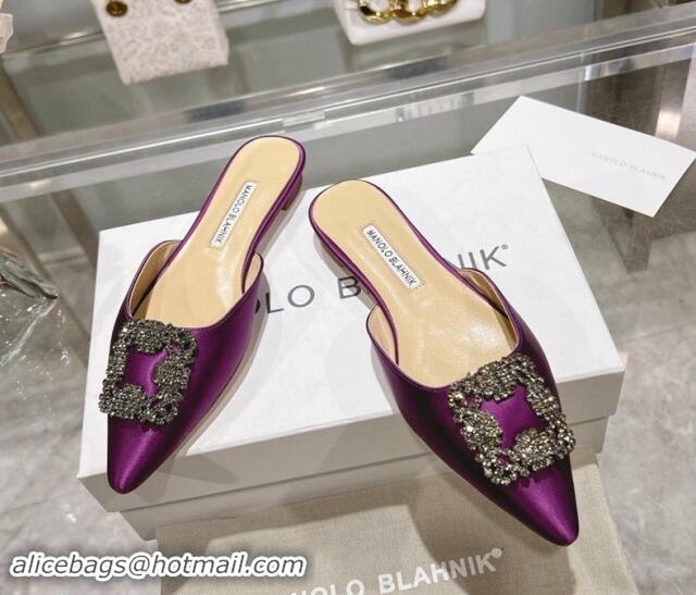 Best Grade Manolo Blahnik Hangisimu Satin Flat Mules with Strass Buckle Purple 507029