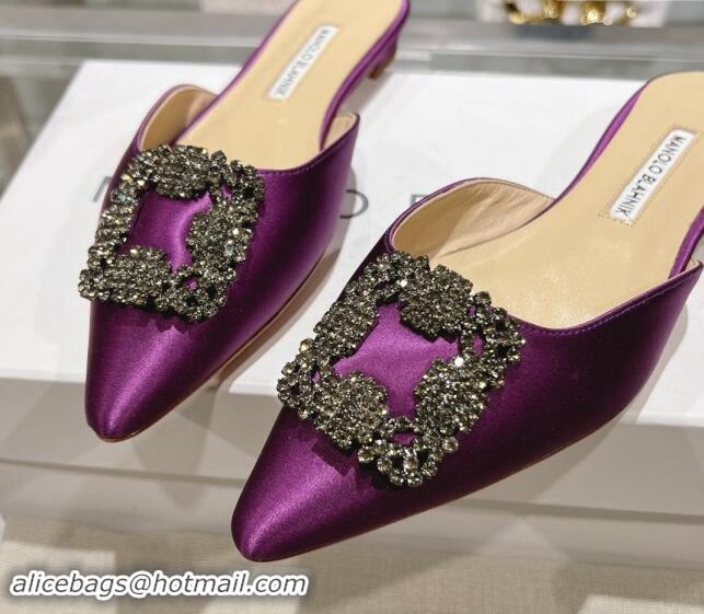 Best Grade Manolo Blahnik Hangisimu Satin Flat Mules with Strass Buckle Purple 507029