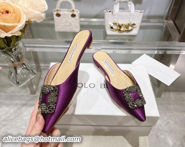 Best Grade Manolo Blahnik Hangisimu Satin Flat Mules with Strass Buckle Purple 507029