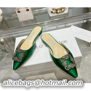 Fashion Luxury Manolo Blahnik Hangisimu Satin Flat Mules with Strass Buckle Green 507030