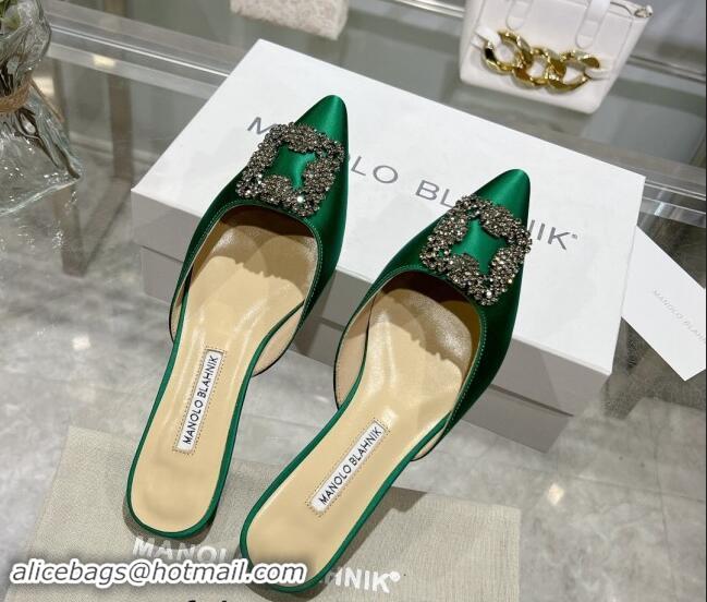 Fashion Luxury Manolo Blahnik Hangisimu Satin Flat Mules with Strass Buckle Green 507030