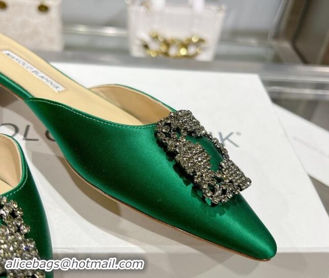 Fashion Luxury Manolo Blahnik Hangisimu Satin Flat Mules with Strass Buckle Green 507030