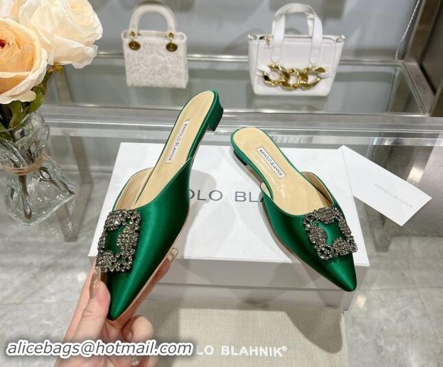 Fashion Luxury Manolo Blahnik Hangisimu Satin Flat Mules with Strass Buckle Green 507030