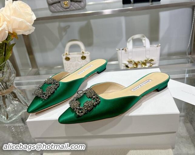 Fashion Luxury Manolo Blahnik Hangisimu Satin Flat Mules with Strass Buckle Green 507030