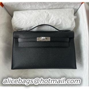 Inexpensive Hermes Mini Kelly Pochette Bag 22cm in Epsom Leather H022 Black/Silver 2024 (Full Handmade)