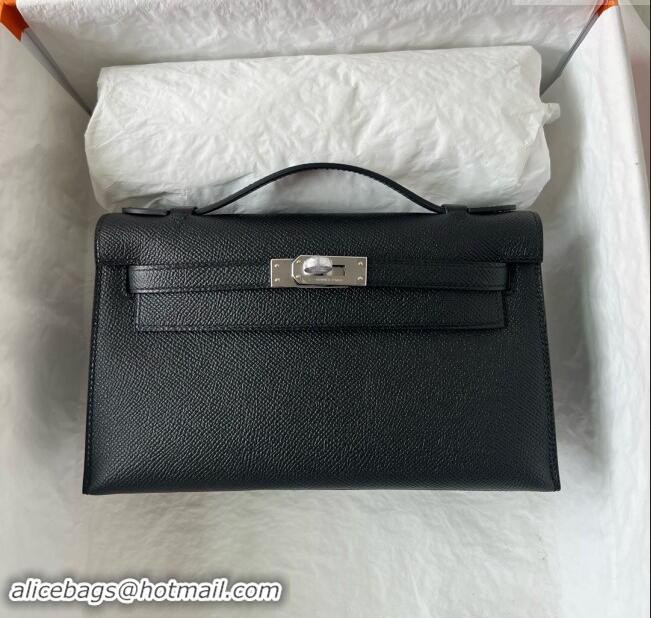 Inexpensive Hermes Mini Kelly Pochette Bag 22cm in Epsom Leather H022 Black/Silver 2024 (Full Handmade)