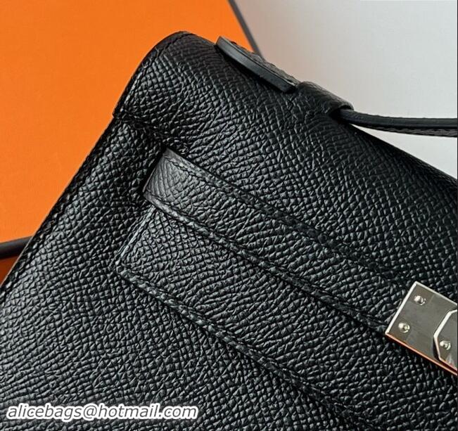 Inexpensive Hermes Mini Kelly Pochette Bag 22cm in Epsom Leather H022 Black/Silver 2024 (Full Handmade)