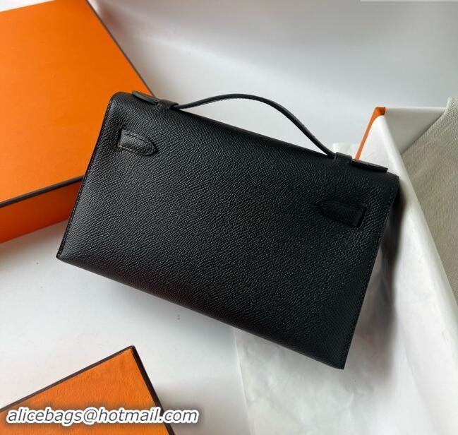 Inexpensive Hermes Mini Kelly Pochette Bag 22cm in Epsom Leather H022 Black/Silver 2024 (Full Handmade)