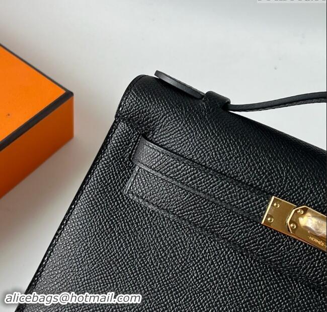 Well Crafted Hermes Mini Kelly Pochette Bag 22cm in Epsom Leather H022 Black/Gold 2024 (Full Handmade)