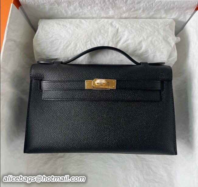 Well Crafted Hermes Mini Kelly Pochette Bag 22cm in Epsom Leather H022 Black/Gold 2024 (Full Handmade)