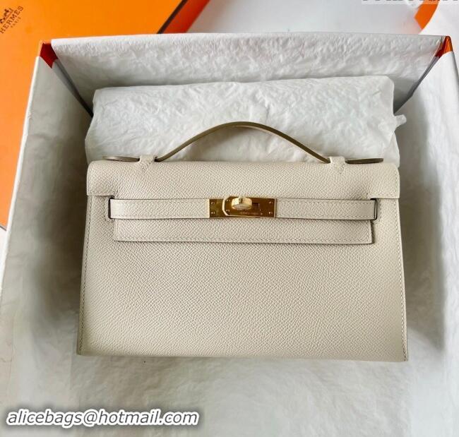 Shop Grade Hermes Mini Kelly Pochette Bag 22cm in Epsom Leather H022 CK10 Milk Shake White/Gold 2024 (Full Handmade)