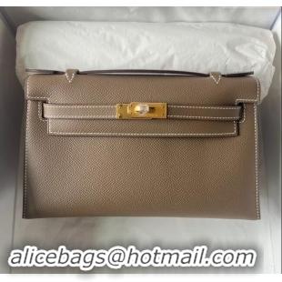 Luxurious Hermes Mini Kelly Pochette Bag 22cm in Epsom Leather H022 CK18 Etoupe/Gold 2024 (Full Handmade)