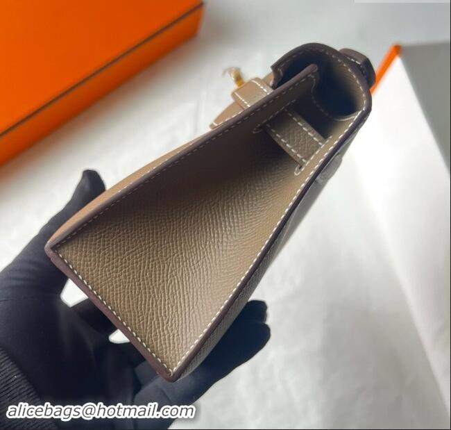 Luxurious Hermes Mini Kelly Pochette Bag 22cm in Epsom Leather H022 CK18 Etoupe/Gold 2024 (Full Handmade)