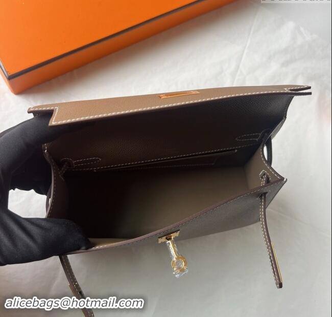 Luxurious Hermes Mini Kelly Pochette Bag 22cm in Epsom Leather H022 CK18 Etoupe/Gold 2024 (Full Handmade)