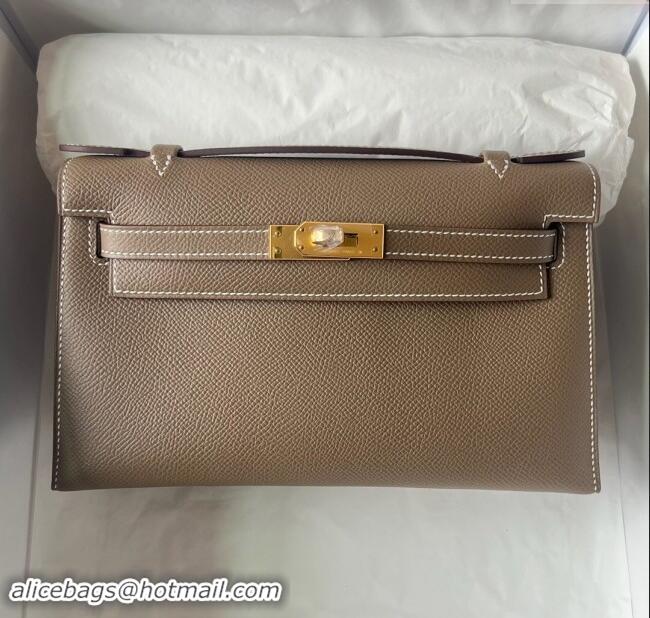 Luxurious Hermes Mini Kelly Pochette Bag 22cm in Epsom Leather H022 CK18 Etoupe/Gold 2024 (Full Handmade)