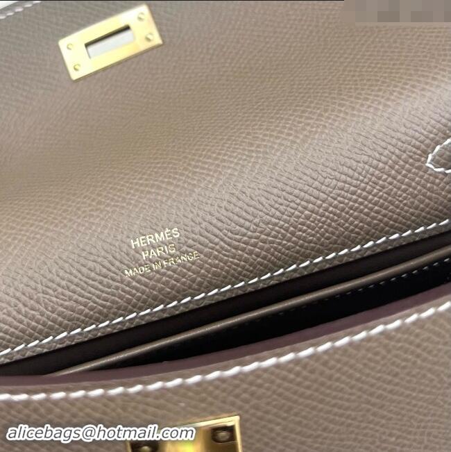 Luxurious Hermes Mini Kelly Pochette Bag 22cm in Epsom Leather H022 CK18 Etoupe/Gold 2024 (Full Handmade)