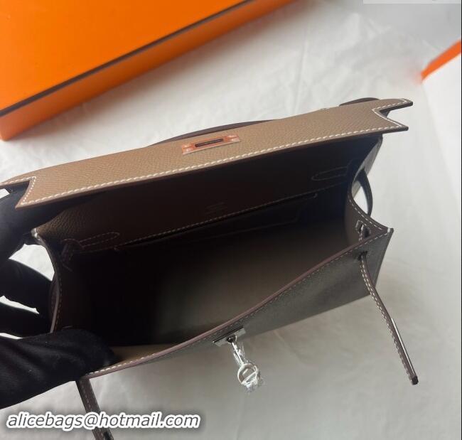 Grade Quality Hermes Mini Kelly Pochette Bag 22cm in Epsom Leather H022 CK18 Etoupe/Silver 2024 (Full Handmade)