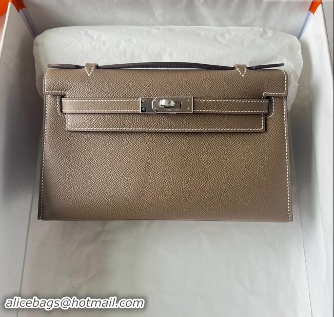 Grade Quality Hermes Mini Kelly Pochette Bag 22cm in Epsom Leather H022 CK18 Etoupe/Silver 2024 (Full Handmade)