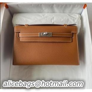 Inexpensive Hermes Mini Kelly Pochette Bag 22cm in Epsom Leather H022 Brown/Silver 2024 (Full Handmade)