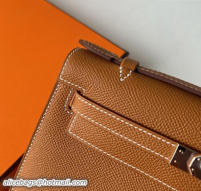 Inexpensive Hermes Mini Kelly Pochette Bag 22cm in Epsom Leather H022 Brown/Silver 2024 (Full Handmade)