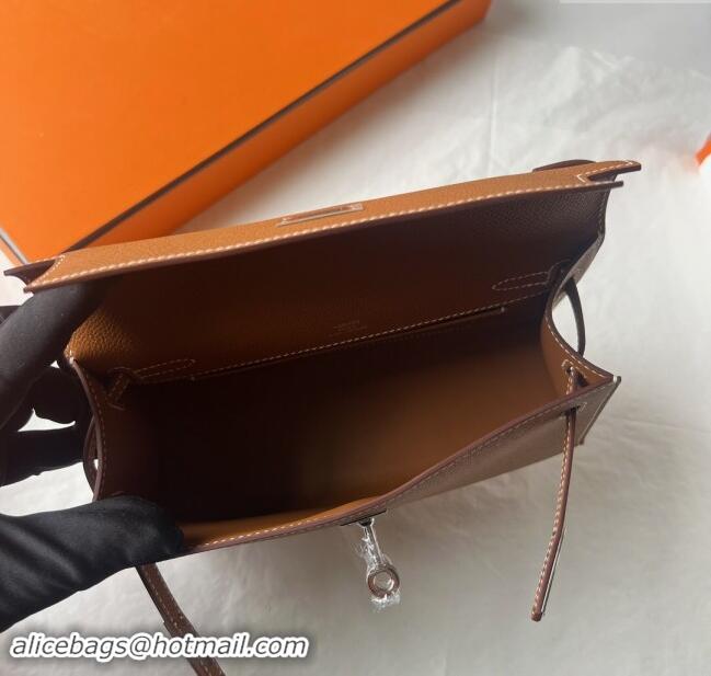 Inexpensive Hermes Mini Kelly Pochette Bag 22cm in Epsom Leather H022 Brown/Silver 2024 (Full Handmade)