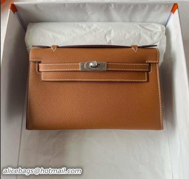 Inexpensive Hermes Mini Kelly Pochette Bag 22cm in Epsom Leather H022 Brown/Silver 2024 (Full Handmade)