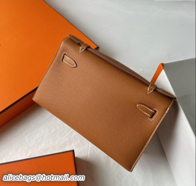 Inexpensive Hermes Mini Kelly Pochette Bag 22cm in Epsom Leather H022 Brown/Silver 2024 (Full Handmade)