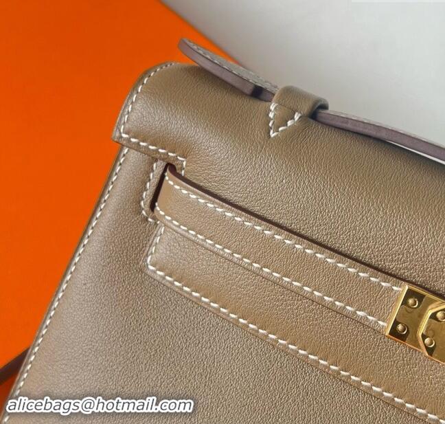 Grade Quality Hermes Mini Kelly Pochette Bag 22cm in Swift Leather H022 CK18 Etoupe/Gold 2024 (Full Handmade)