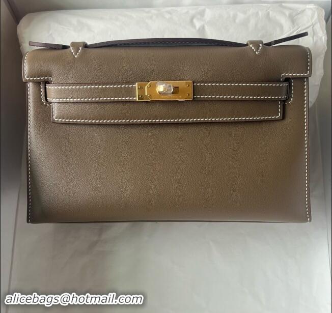 Grade Quality Hermes Mini Kelly Pochette Bag 22cm in Swift Leather H022 CK18 Etoupe/Gold 2024 (Full Handmade)