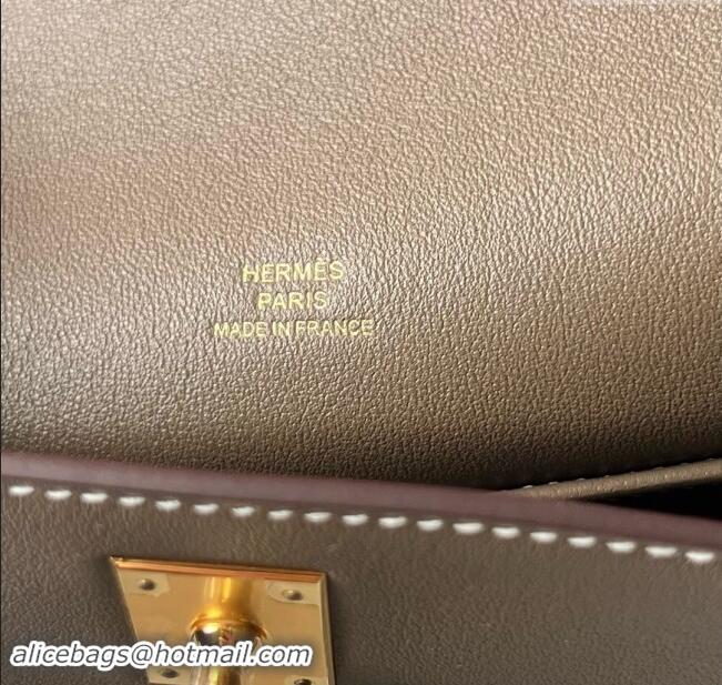 Grade Quality Hermes Mini Kelly Pochette Bag 22cm in Swift Leather H022 CK18 Etoupe/Gold 2024 (Full Handmade)