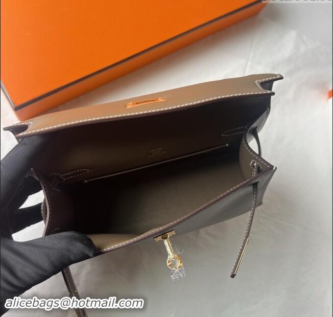 Grade Quality Hermes Mini Kelly Pochette Bag 22cm in Swift Leather H022 CK18 Etoupe/Gold 2024 (Full Handmade)