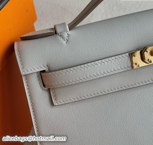 Stylish Discount Hermes Mini Kelly Pochette Bag 22cm in Swift Leather H022 CK80 Pearl Gray/Gold 2024 (Full Handmade)