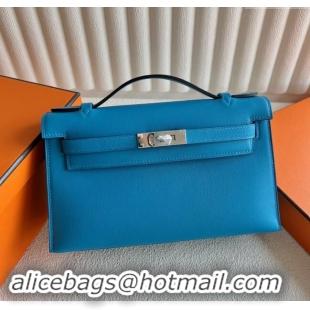 Top Design Hermes Mini Kelly Pochette Bag 22cm in Swift Leather H022 OF Blue/Silver 2024 (Full Handmade)