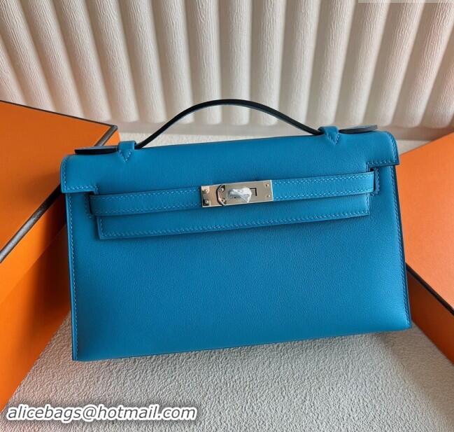 Top Design Hermes Mini Kelly Pochette Bag 22cm in Swift Leather H022 OF Blue/Silver 2024 (Full Handmade)