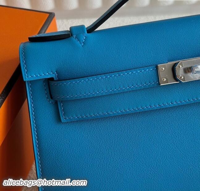 Top Design Hermes Mini Kelly Pochette Bag 22cm in Swift Leather H022 OF Blue/Silver 2024 (Full Handmade)