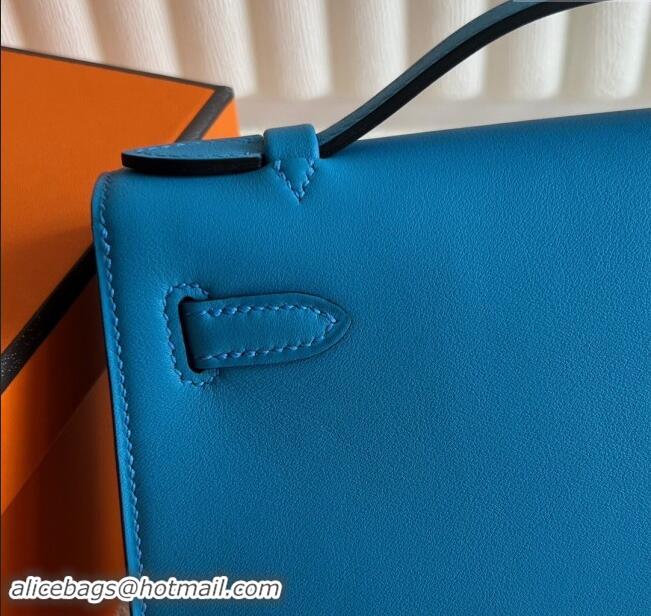 Top Design Hermes Mini Kelly Pochette Bag 22cm in Swift Leather H022 OF Blue/Silver 2024 (Full Handmade)