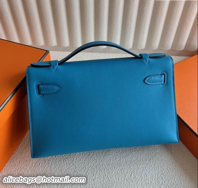 Top Design Hermes Mini Kelly Pochette Bag 22cm in Swift Leather H022 OF Blue/Silver 2024 (Full Handmade)