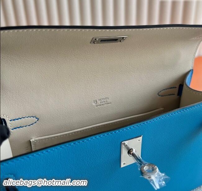 Top Design Hermes Mini Kelly Pochette Bag 22cm in Swift Leather H022 OF Blue/Silver 2024 (Full Handmade)