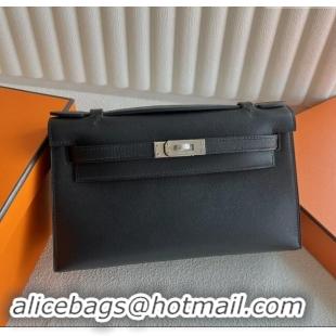 Grade Quality Hermes Mini Kelly Pochette Bag 22cm in Swift Leather H022 Black/Silver 2024 (Full Handmade)