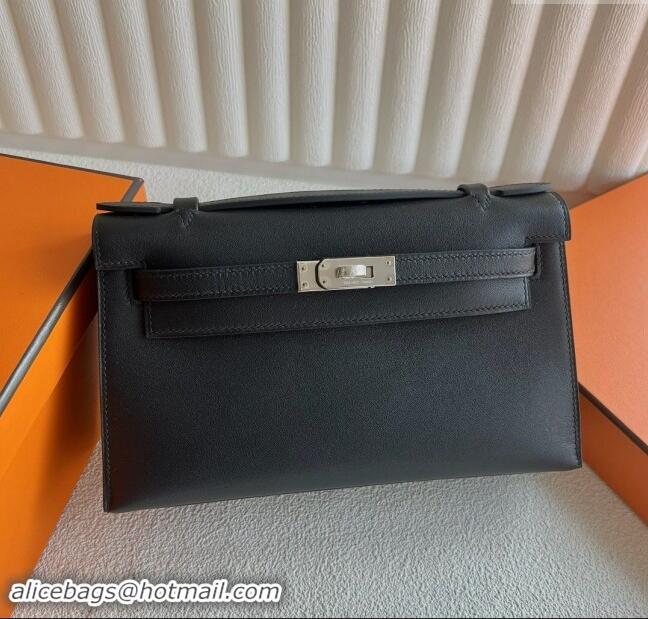 Grade Quality Hermes Mini Kelly Pochette Bag 22cm in Swift Leather H022 Black/Silver 2024 (Full Handmade)