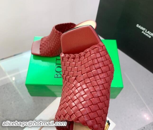 Sumptuous Bottega Veneta Knot Heel Slide Sandals 9cm in Intreccio Leather Red 322012